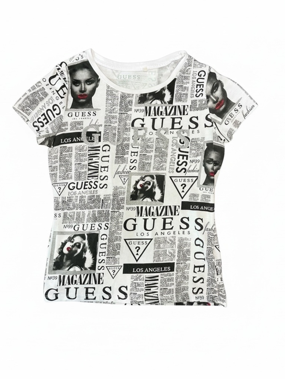 Guess White & Black Newspaper Print Tee with Red Lip Detail